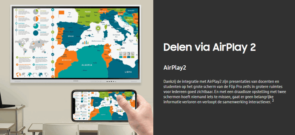 ankzij de integratie met AirPlay2 zijn presentaties van docenten en studenten op het grote scherm van de Flip Pro zelfs in grotere ruimtes voor iedereen goed zichtbaar