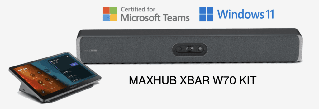 Maxhub Xbar W70 MTR-kit met geïntegreerde Windows 11-systeem, inclusief W70 videobar en tafeldisplay. Microsoft Teams Rooms-gecertificeerd voor hoogwaardige videoconferenties.