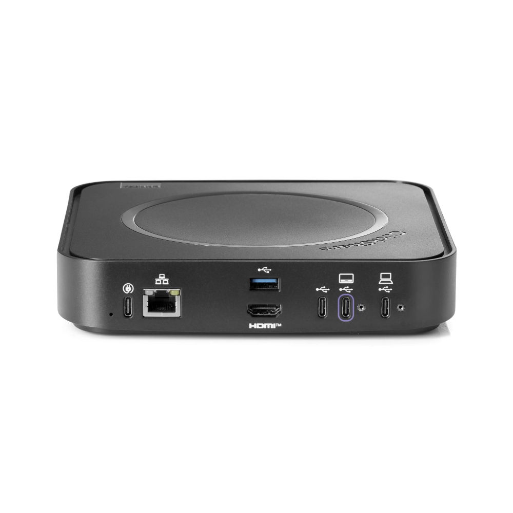 Achterzijde Barco ClickShare Hub Core met netwerk-, HDMI- en USB-aansluitingen
