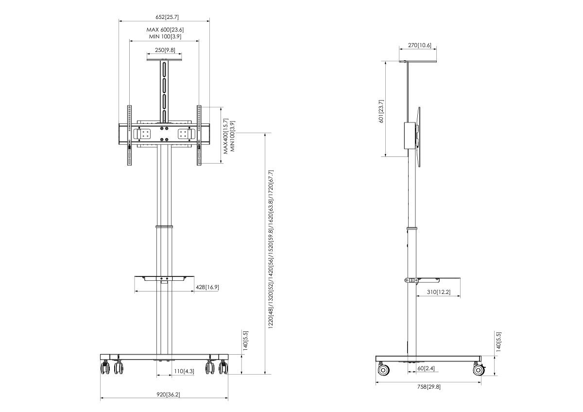 Afmetingen van de Vogel's Essential T1031 display trolley