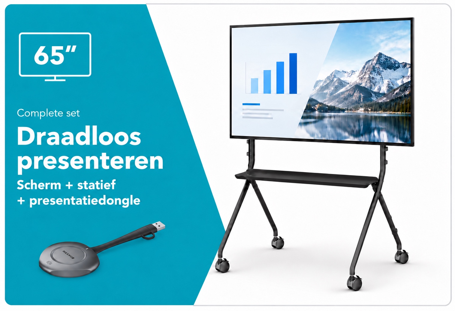 Complete draadloze MAXHUB-presentatieset met scherm, Vogel’s trolley en presentatiedongle