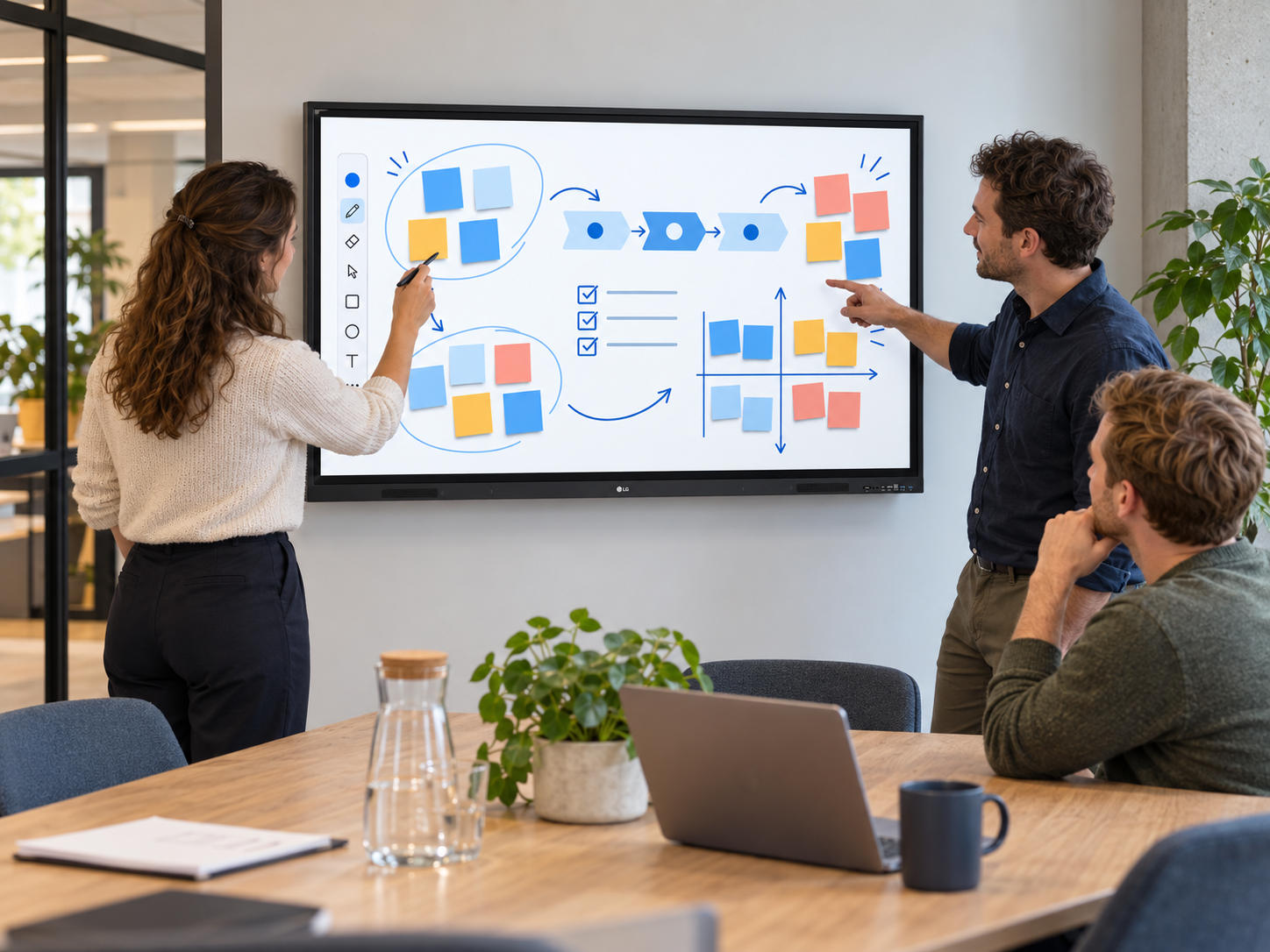 Team werkt samen aan een brainstorm op het LG CreateBoard TR3ER touchscreen